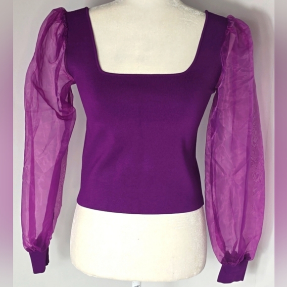 House of Harlow 1960 Sheer Puff Sleeves Knit Top - Picture 2 of 12